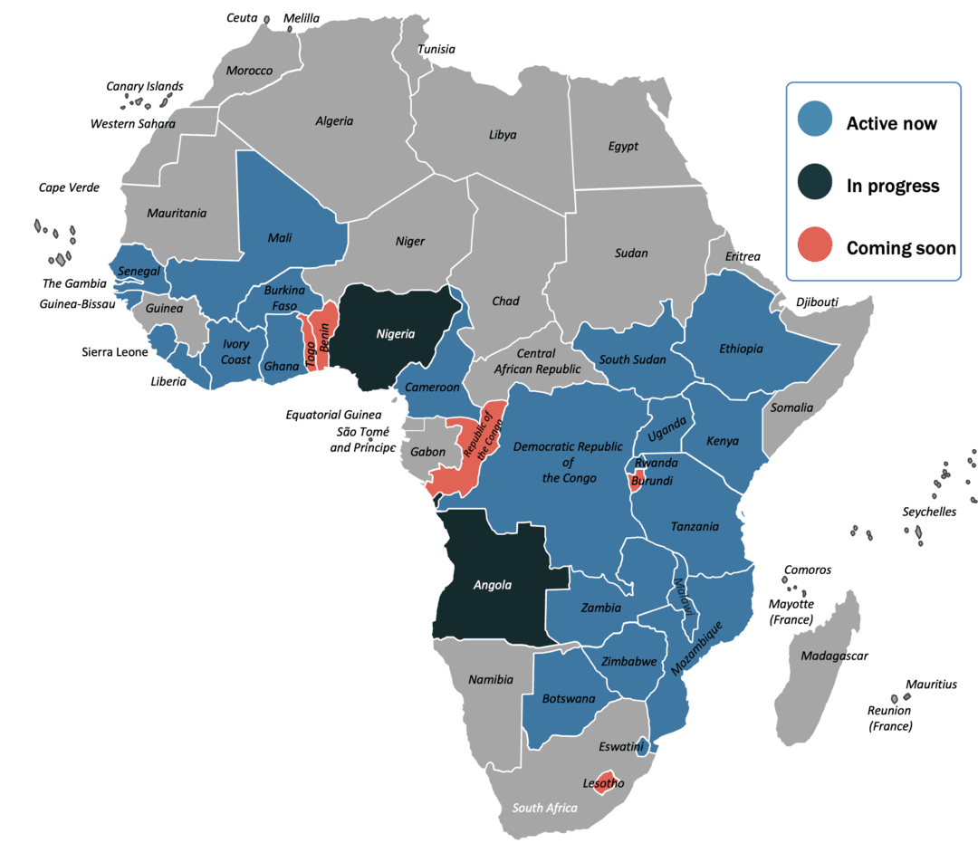 Map of Africa showing Tola's 23 active countries and regions in progress.